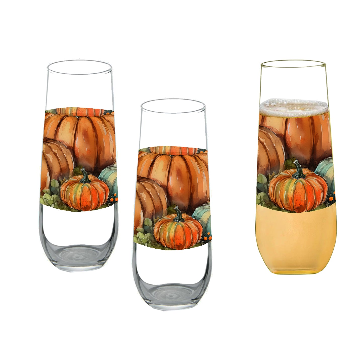 Pumpkin Harvest 8.5 oz Stemless Champagne Flute, Set of 2, 4 or 6