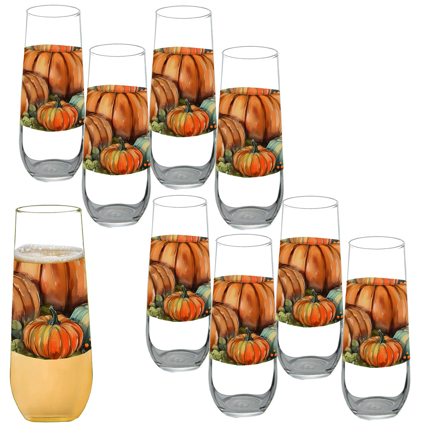 Pumpkin Harvest 8.5 oz Stemless Champagne Flute, Set of 2, 4 or 6