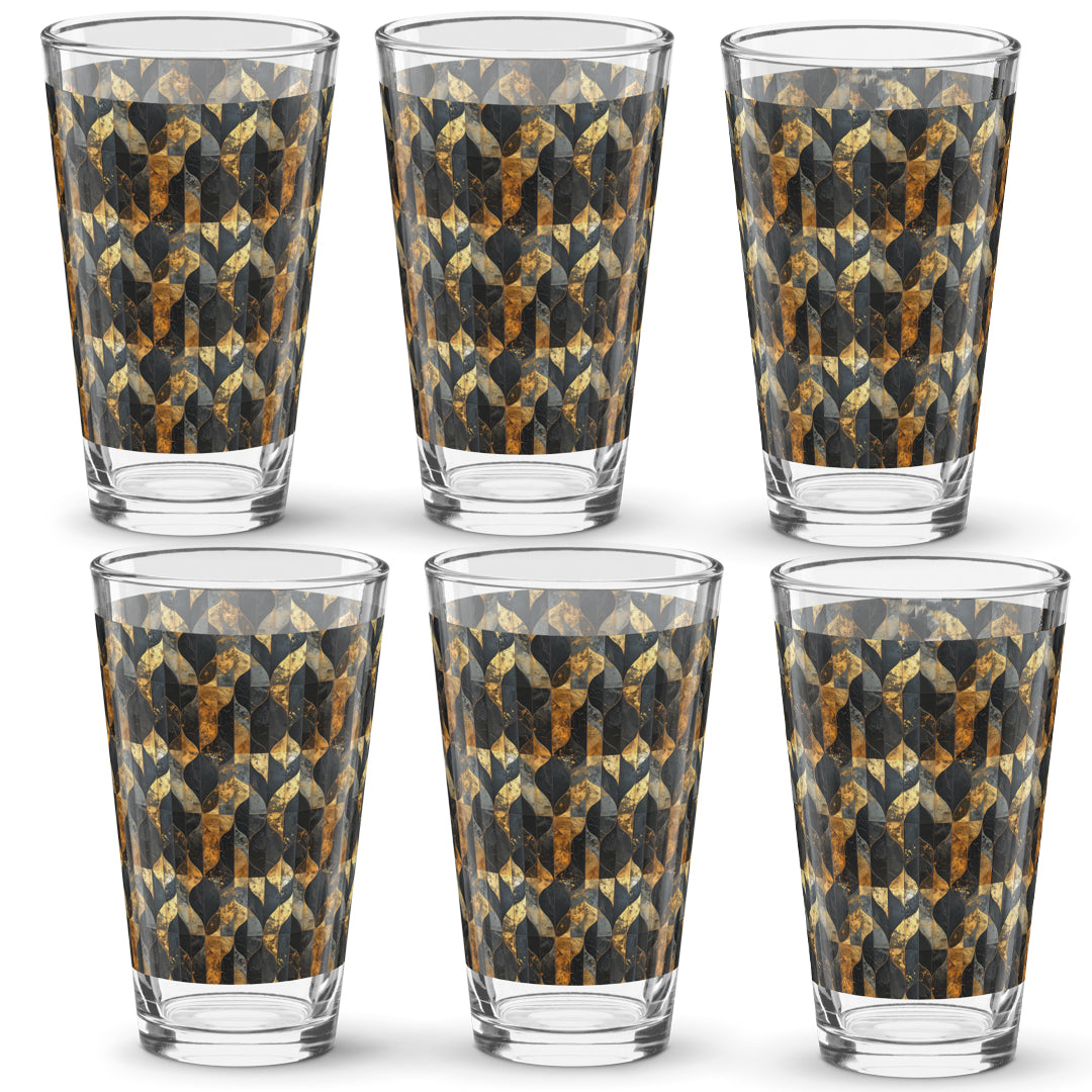 Set of six pint beer glasses with charcoal and bronze geometric design on a white background