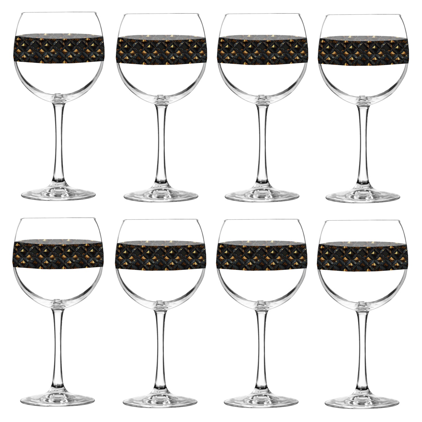 Set of eight balloon wine glasses with black and gold diamond design on a white background