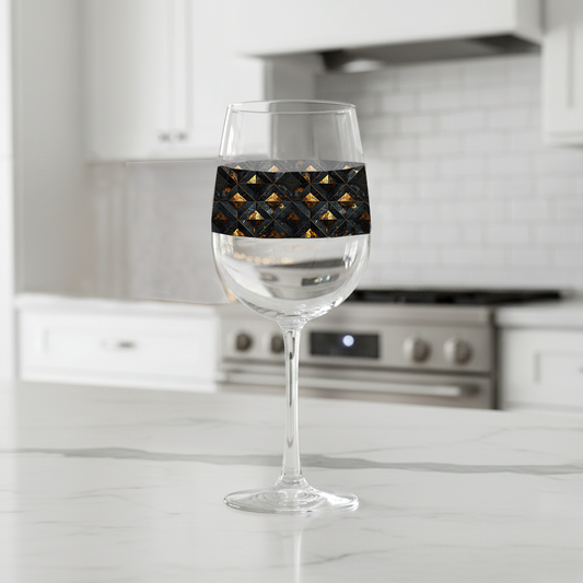 Gilded Decay tall wine glass with charcoal and gold geometric design on a kitchen counter