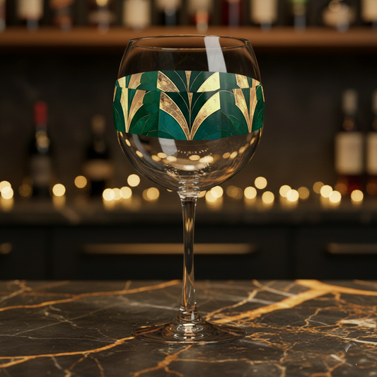 Emerald Royale balloon wine glass with green and gold pattern on a dark marble surface with blurred bar background