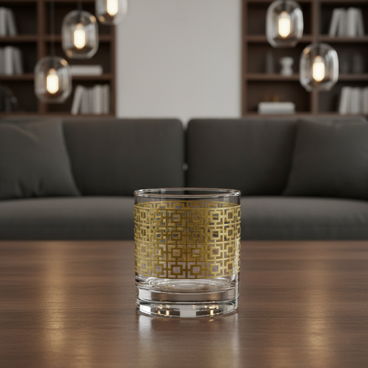 Luxe Gold rocks glass with Art-Deco lattice design on a wooden table in a living room setting