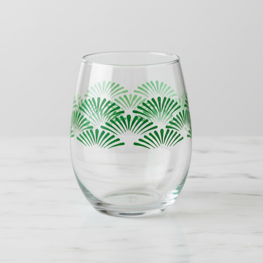 Green Deco stemless wine glass with an Art-Deco fan design on a white background