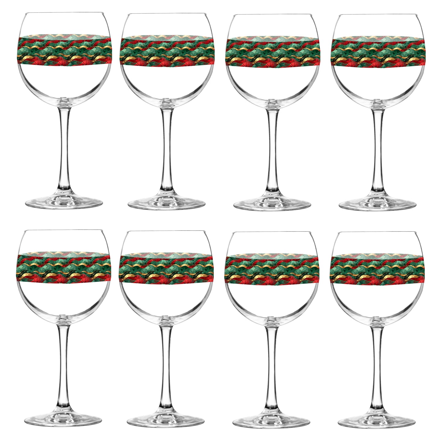 Set of eight wine glasses with red and green wavy design on a white background