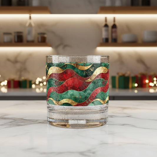 Royal Flux rocks glass closeup on countertop, showing intentional wavy design in red, green, and gold holiday colors on a marble surface with blurred background.