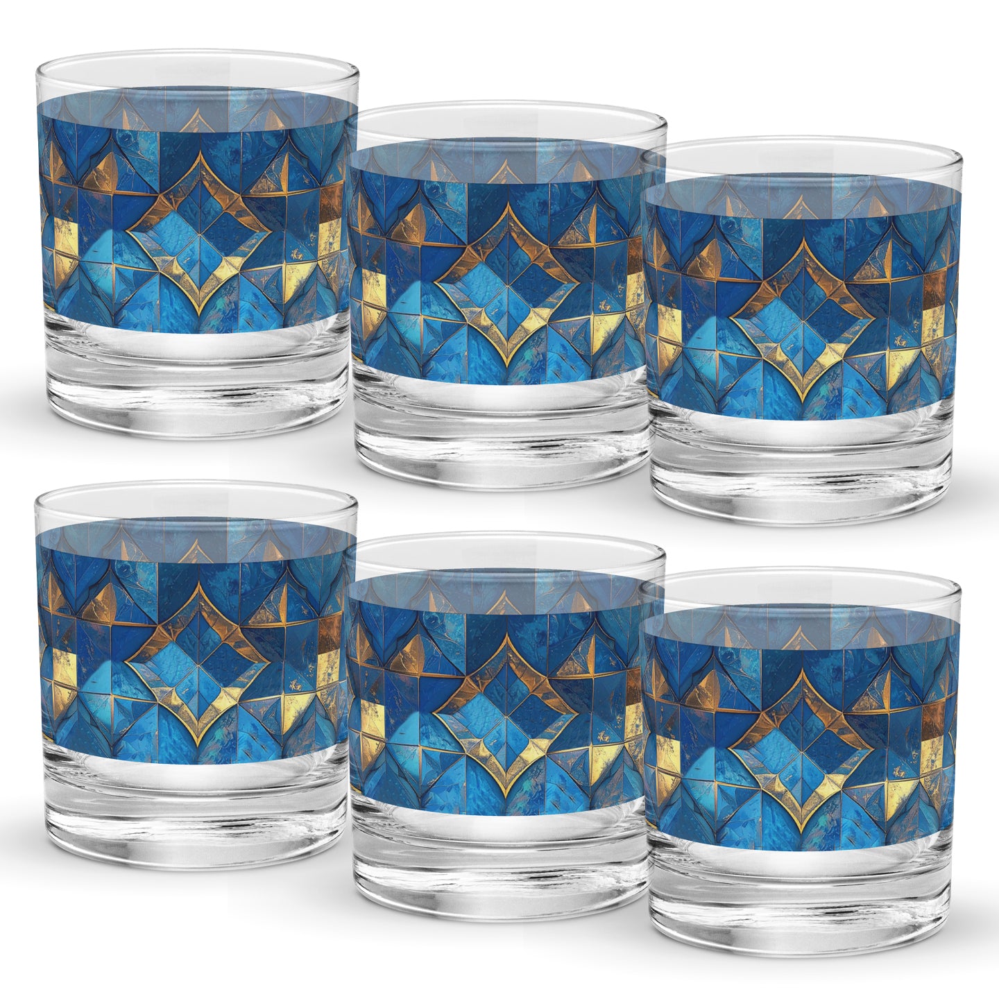 Set of six rock glasses with turqoise and gold geometric design on a white background