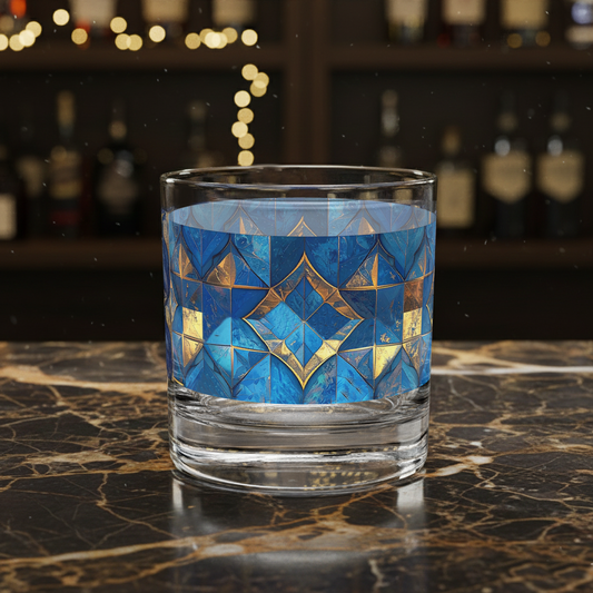 Moroccan Treasure rocks glass with turquoise and gold design on a marble surface with blurred bar background