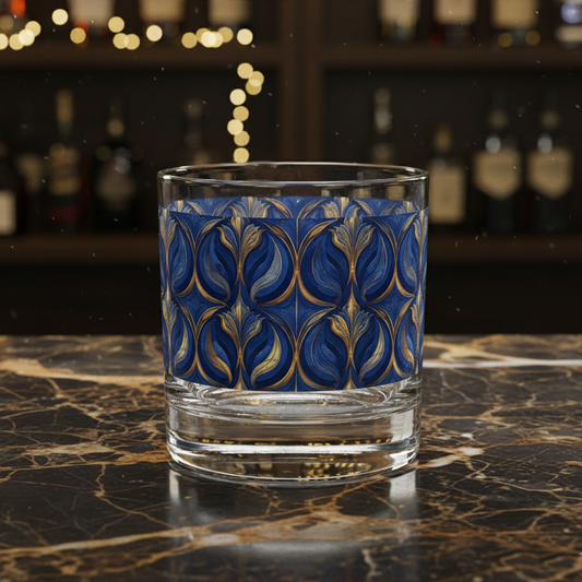 Sapphire Oracle rocks glass with blue and gold pattern on a marble surface with blurred bar background