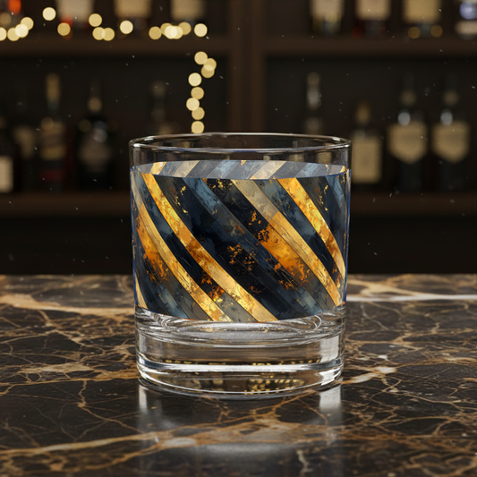 Rocks glass with gold and black stripes on a marble surface with blurred bar backgrounds