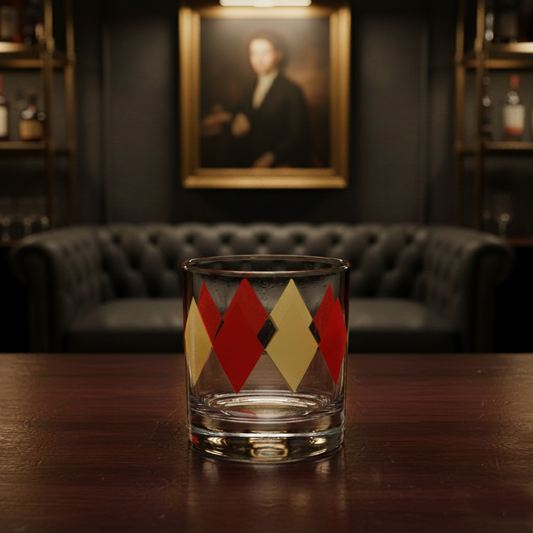 Ruby and Gold rocks glass with Art-Deco harlequin design on a wooden table in a room with a couch and framed portrait.