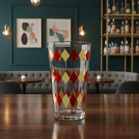 Ruby and Gold pint glass with harlequin design on a wooden table in a cozy room.