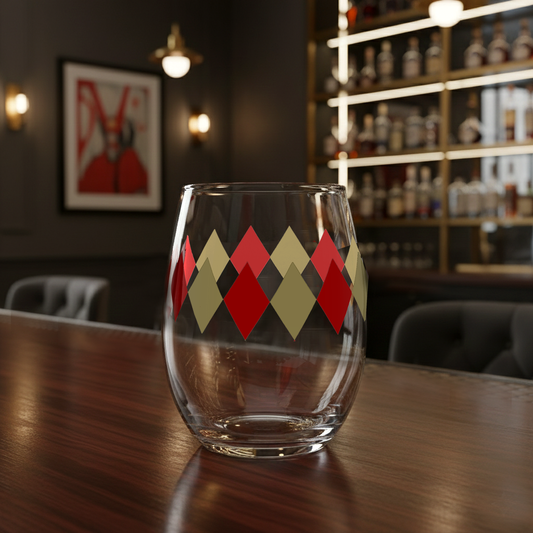 Ruby and Gold stemless wine glass with a diamond pattern on a wooden table in front of a bookcase and painting.