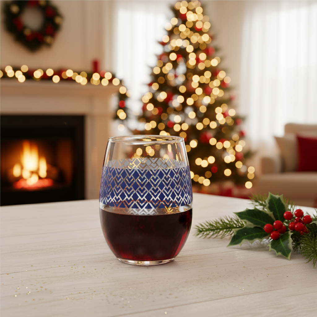 Sapphire Deco stemless glass of red wine with a decorative pattern on a table in a festive living room with Christmas tree and fireplace.