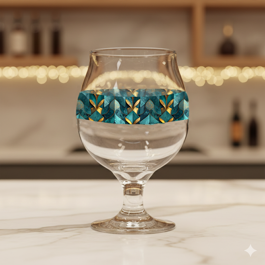 Gilded Patina Belgian beer glass with a teal and gold pattern on a marble surface with blurred bar background