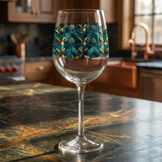 Gilded Patina tall wine glass with a teal and gold decorative design sitting on a dark marble surface with blurred kitchen background
