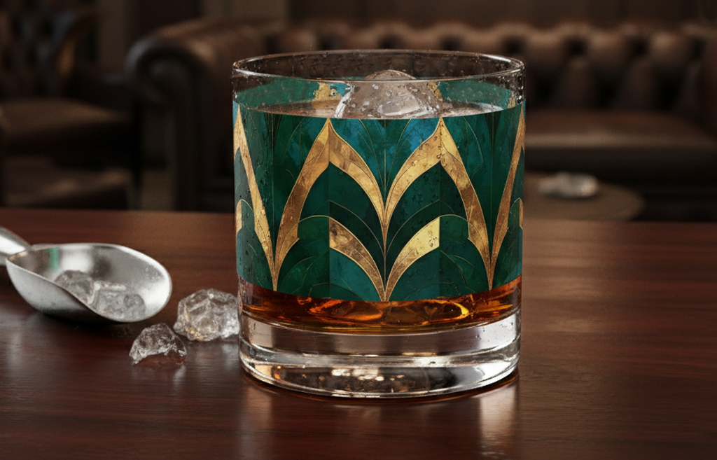 Emerald Royale rocks glass with scotch on ice.