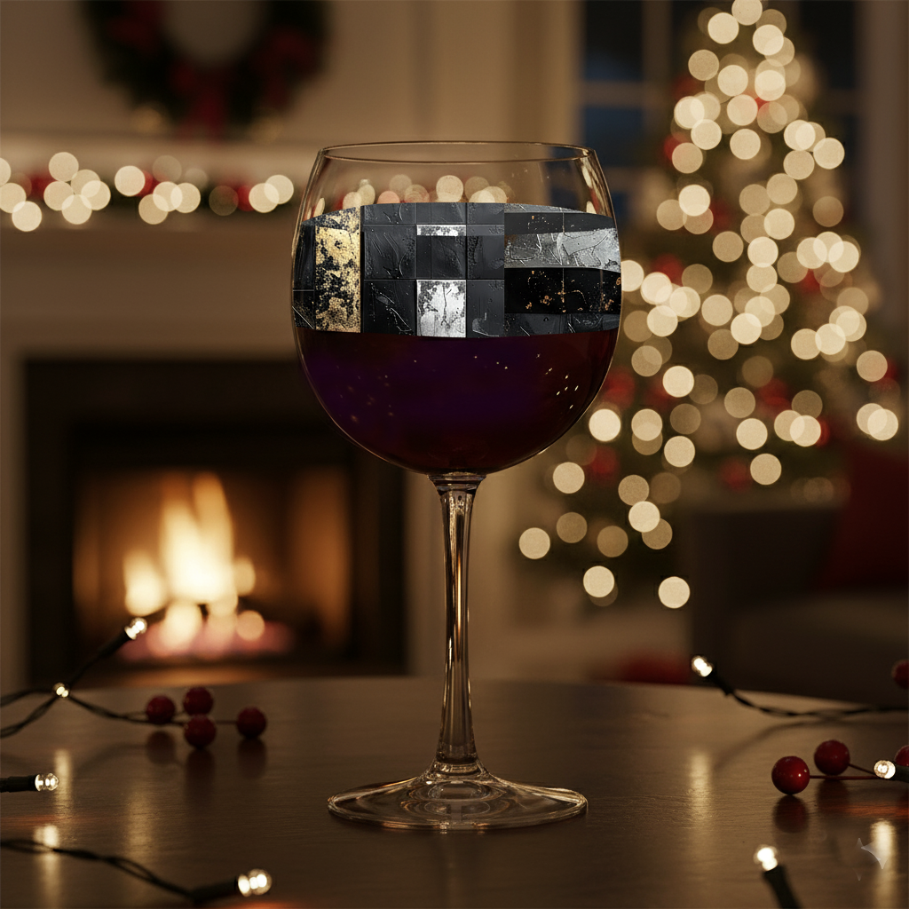 Fresco Fragments balloon wine glass on a table with a holiday tree and fireplace in the background