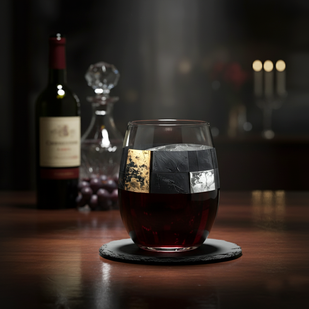 Mix n Match Style stemless wine glass in a Floating Grace creamy magnolia design filled with red wine and sitting on round table with a vase of magnolias