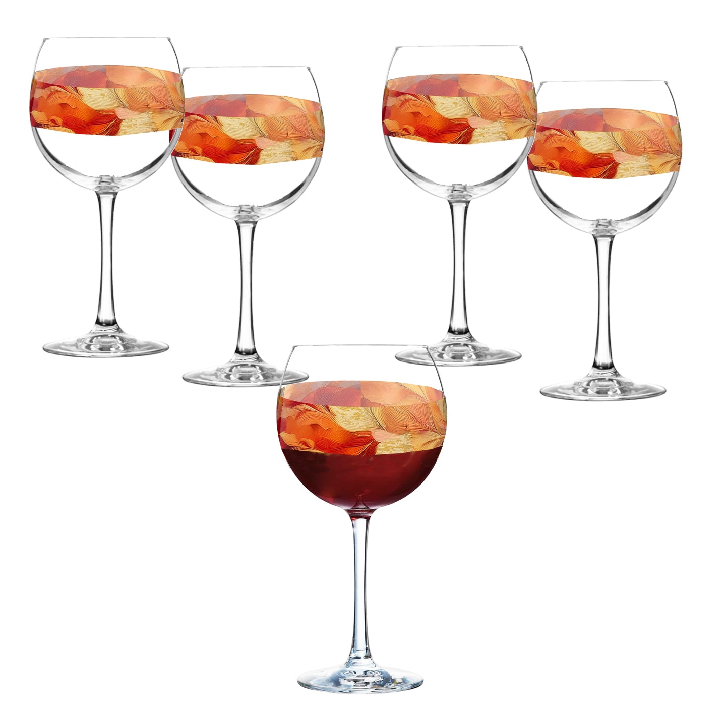 Mix n Match Style set of 4 balloon wine glass with red wine and autumn blend floral design on a white background 