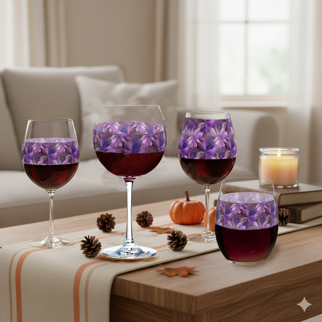 Mix n Match Style four wine glass types in Autumn Twilight purple floral design on a coffee table with pumpkins and candle, in a cozy living room setting..