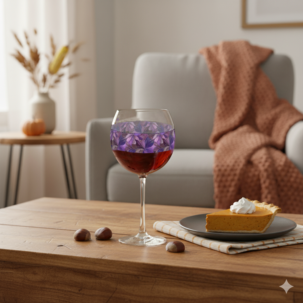 Mix n Match Style balloon wine glass in Autumn Twilight purple floral design on a coffee table with a slice of pumpkin pie and two chestnuts, in a cozy living room setting.