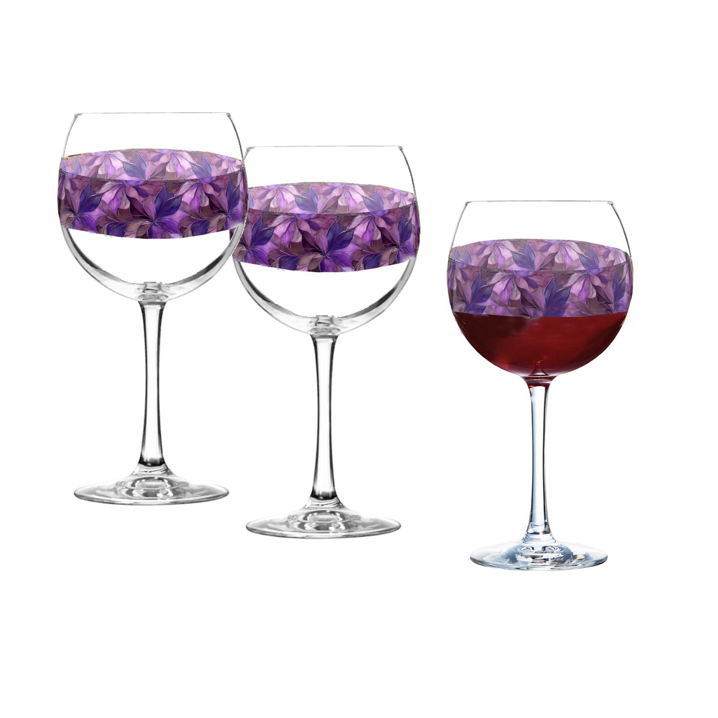 Mix n Match Style set of 2 balloon wine glass in an Autumn Twilight pruple floral design on  a white background.