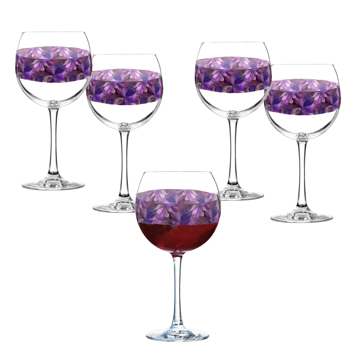 Mix n Match Style set of 4 balloon wine glass in an Autumn Twilight pruple floral design on  a white background.