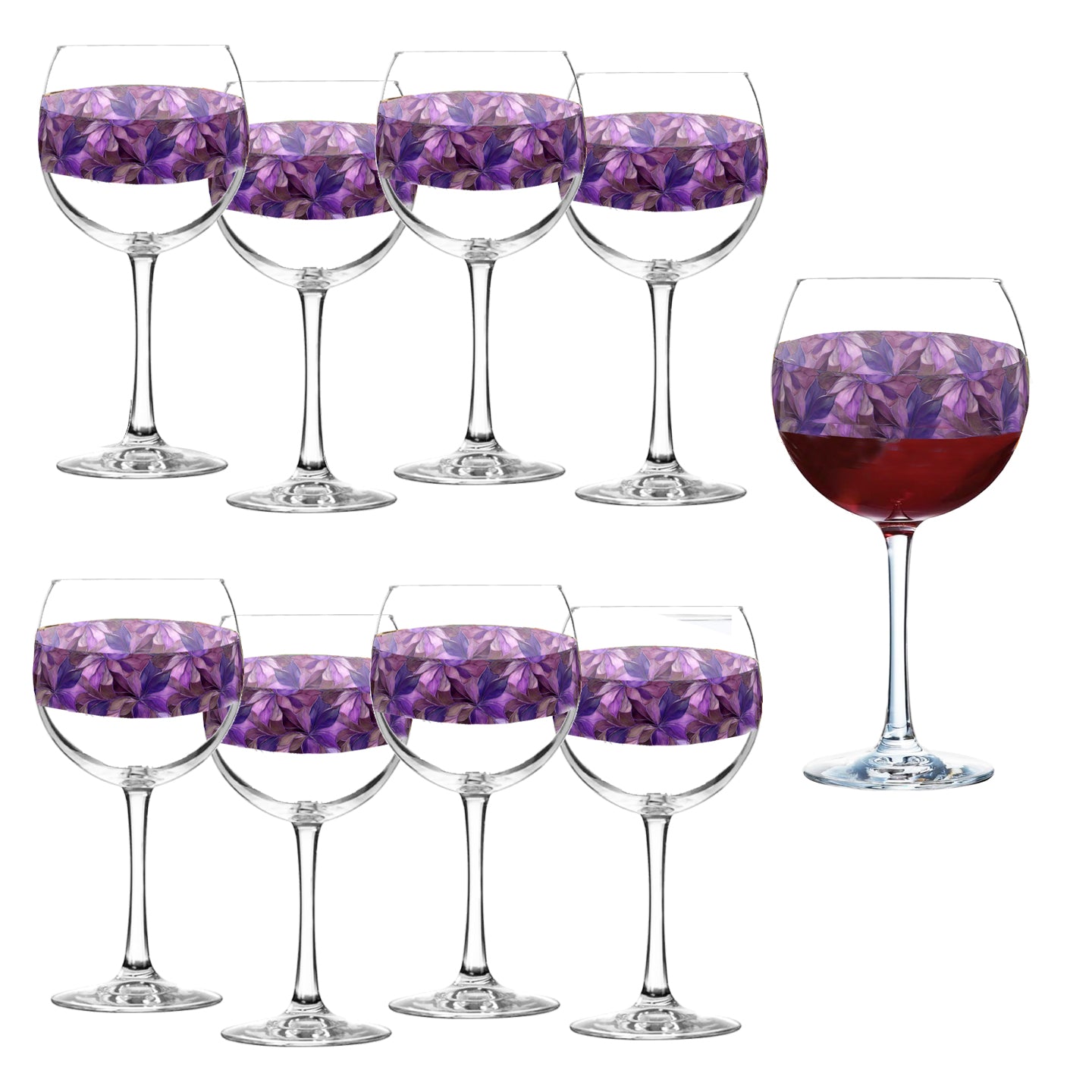 Mix n Match Style set of 8 balloon wine glass in an Autumn Twilight pruple floral design on  a white background.