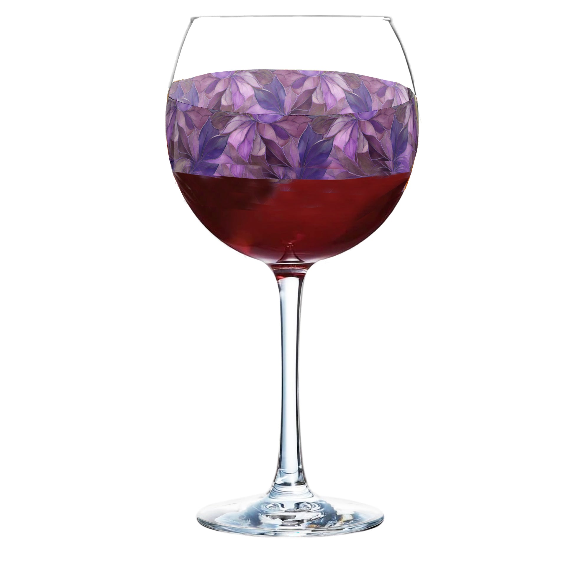 Mix n Match Style balloon wine glass with red wine in an Autumn Twilight pruple floral design on  a white background.