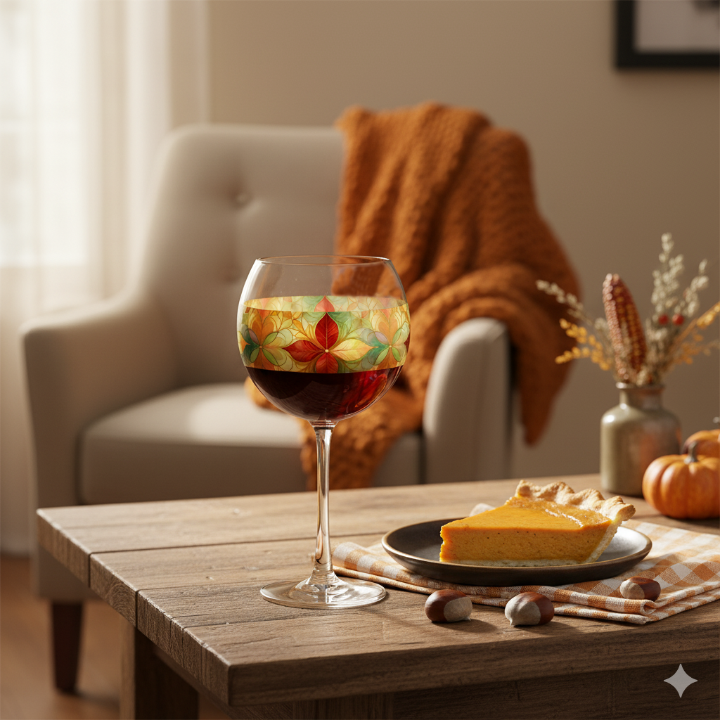 Mix n Match Style Balloon Glass of red wine with autumn leaf design, pumpkin pie, and pumpkins on a wooden table in a cozy living room.