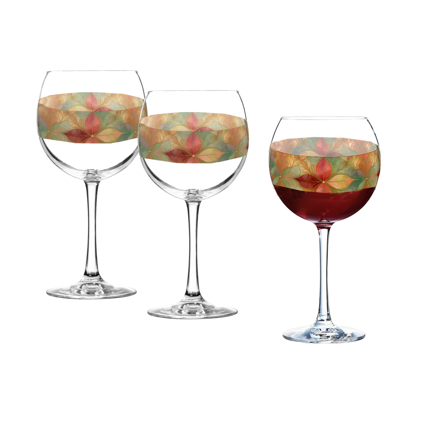 Mix n Match Style  set of 2 balloon wine glass with pieces of autumn mosaic design and red wine on a white background