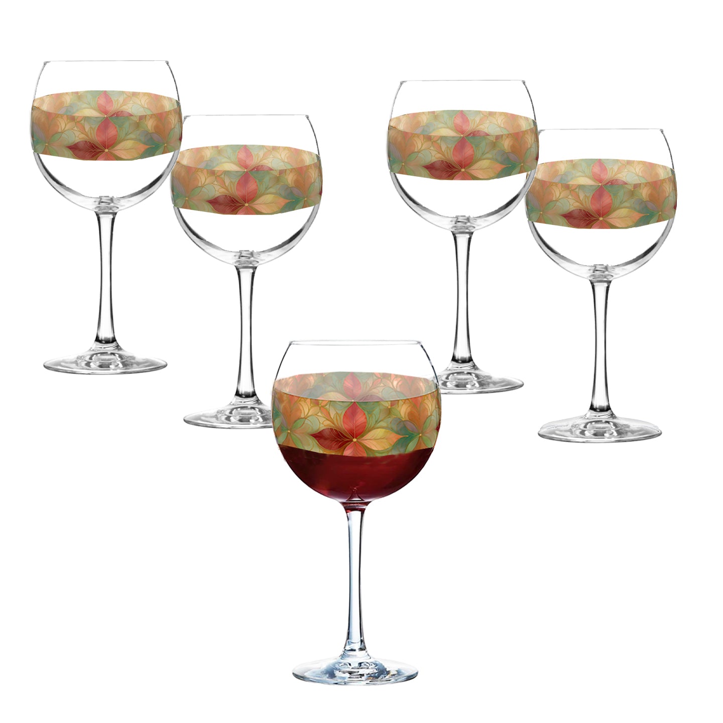 Mix n Match Style  set of 4 balloon wine glass with pieces of autumn mosaic design and red wine on a white background