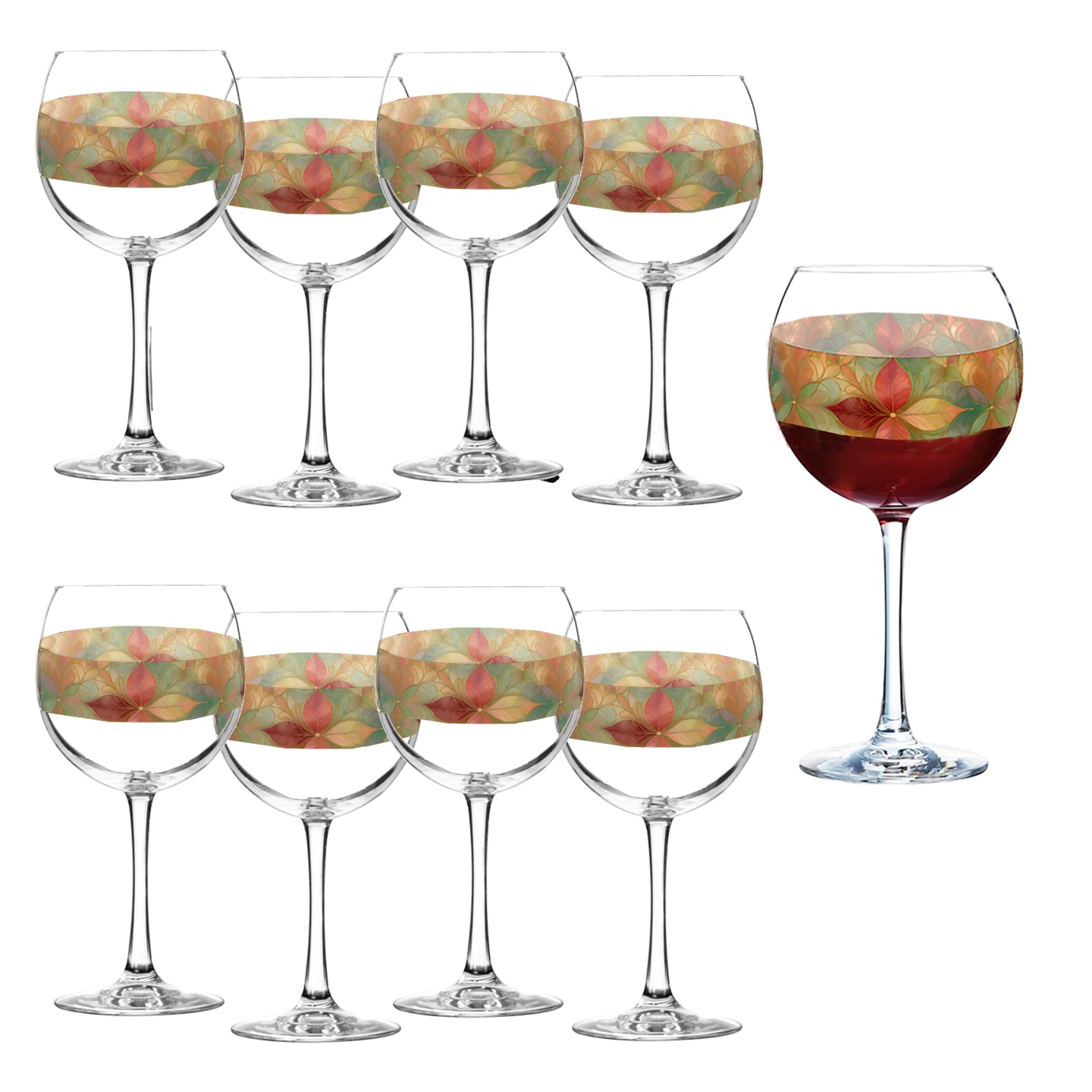 Mix n Match Style  set of 8 balloon wine glass with pieces of autumn mosaic design and red wine on a white background
