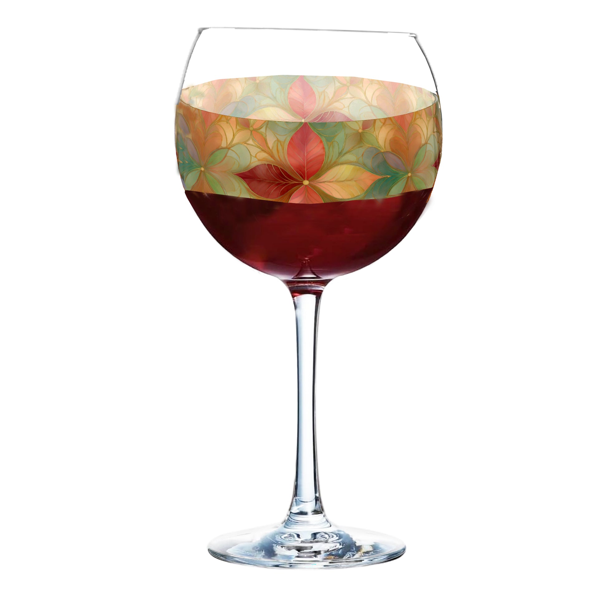 Mix n Match Style balloon wine glass with pieces of autumn mosaic design and red wine on a white background