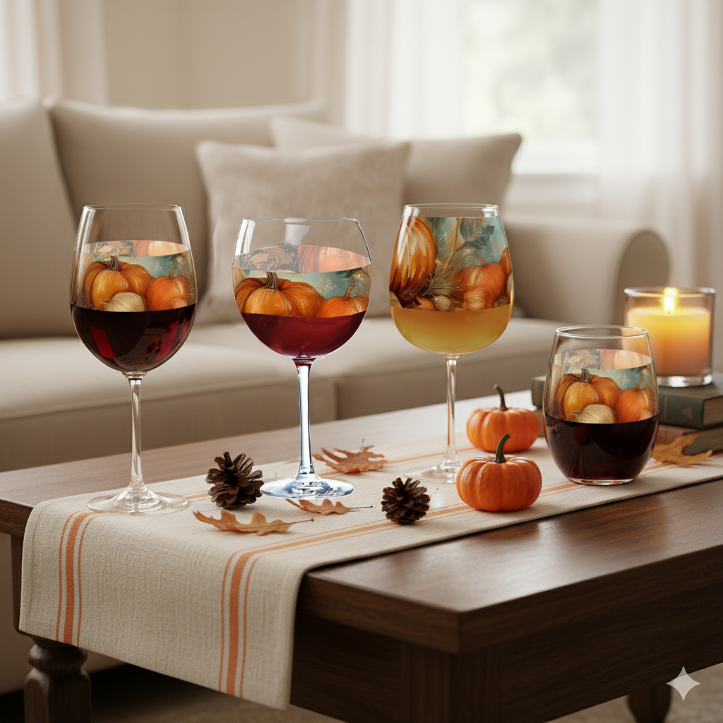 Mix n Match Style four wine glass types and Pumpkin Harvest designs on an autumn-themed table with pumpkins and a candle.