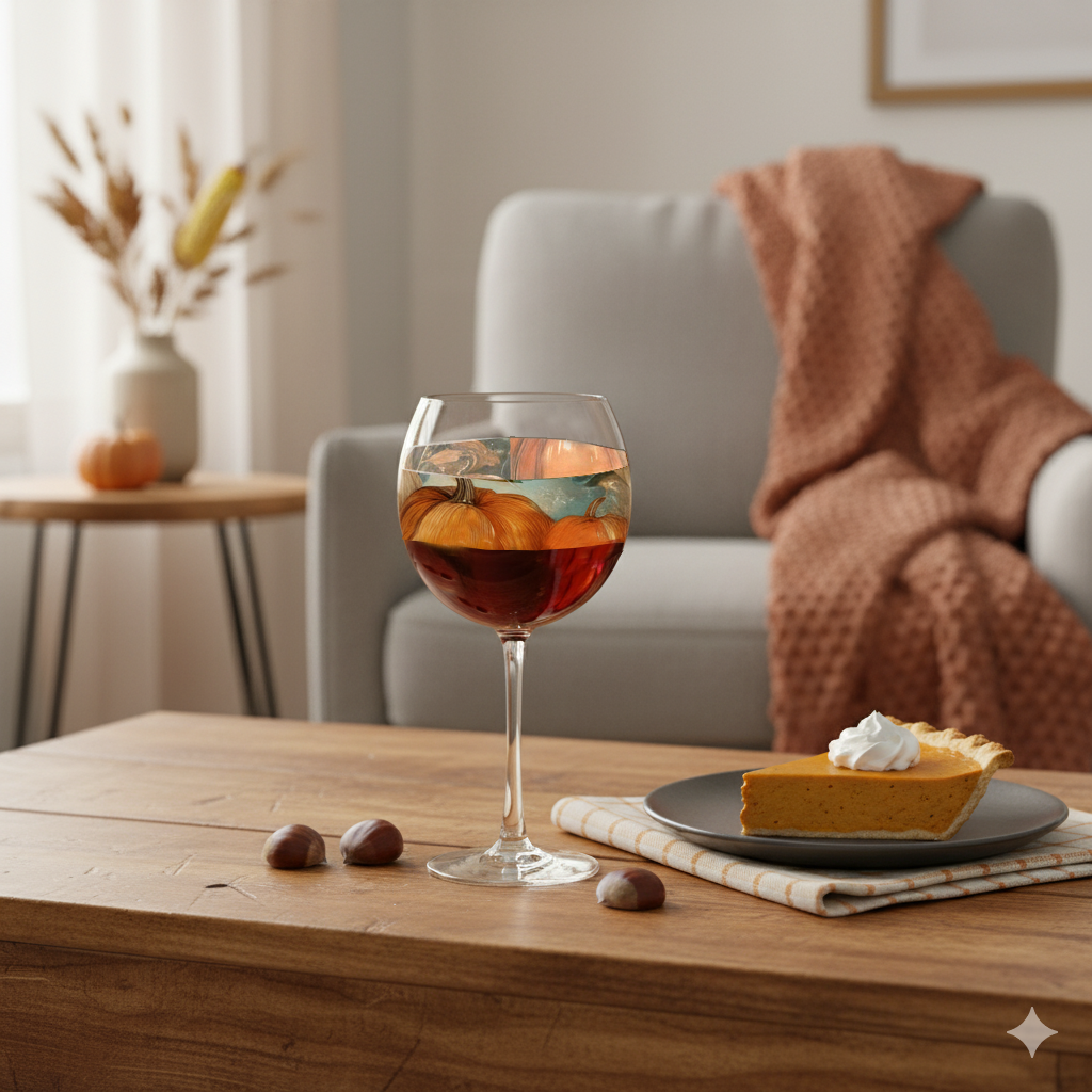 Mix n Match Style balloon wine glass with Pumpkin Harvest pumpkins design on a coffee table with a  slice of pumpkin pie, and chestnuts in a cozy living room.