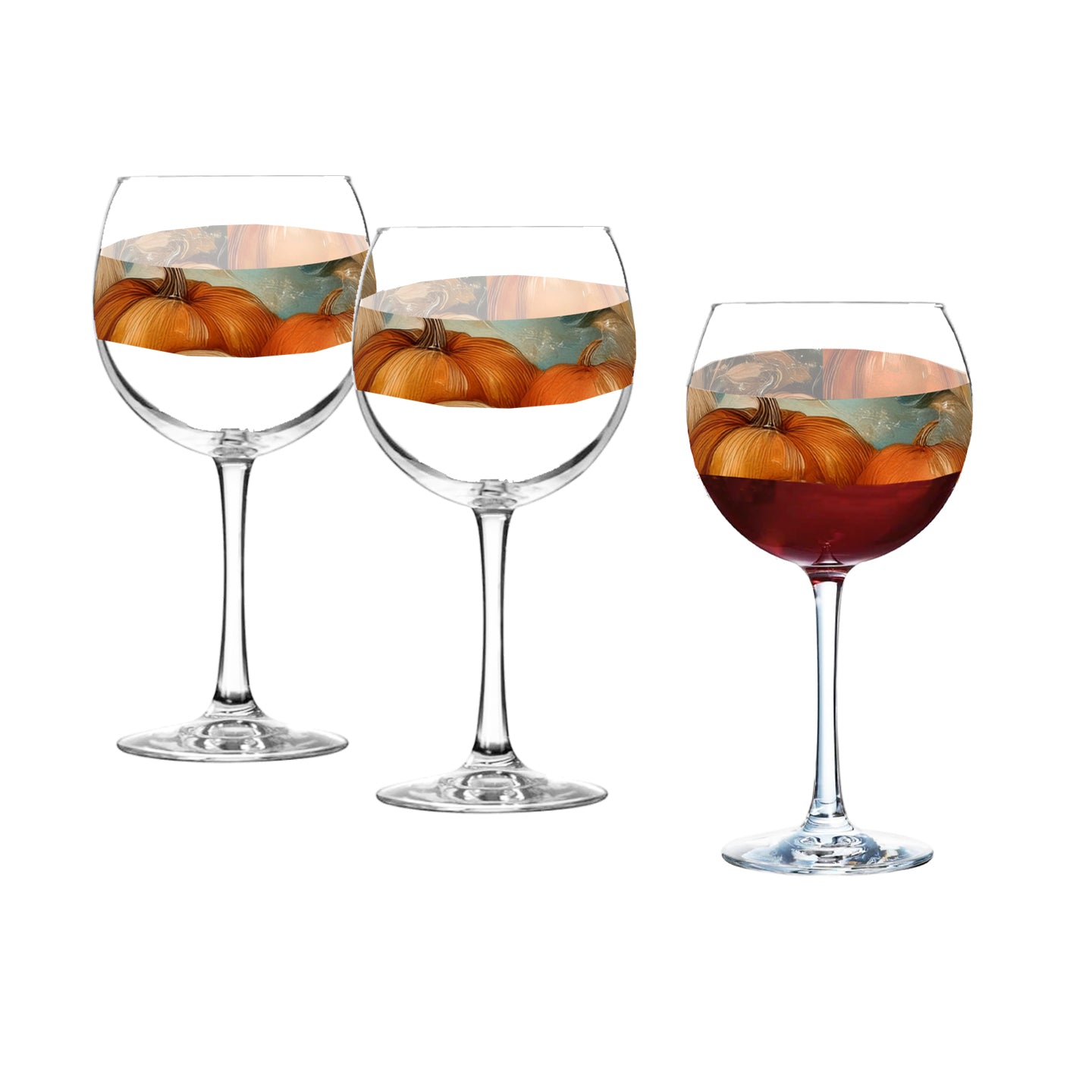 Mix n Match Style set of 2 balloon wine glasses in a Pumpkin Harvest design a white background.