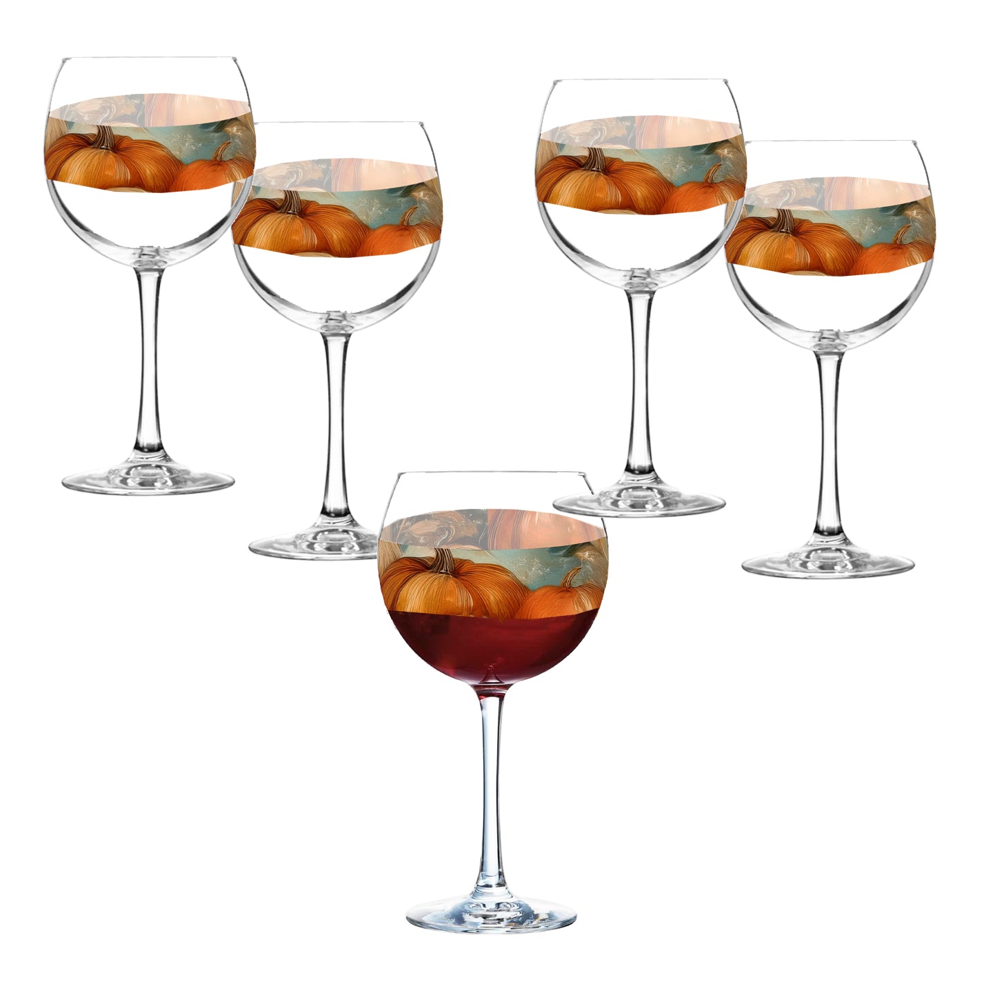 Mix n Match Style set of 4 balloon wine glasses in a Pumpkin Harvest design a white background.