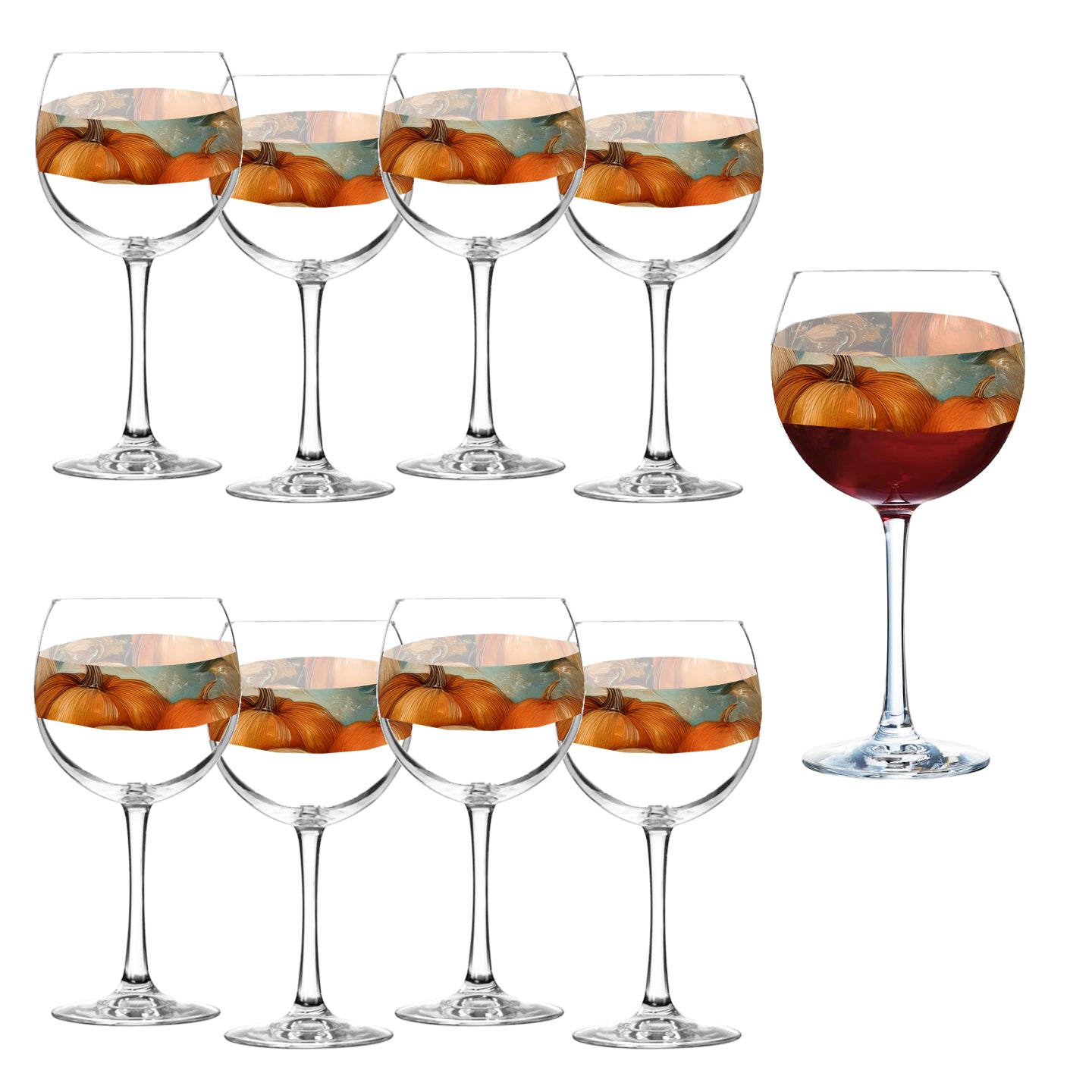 Mix n Match Style set of 8 balloon wine glasses in a Pumpkin Harvest design a white background.