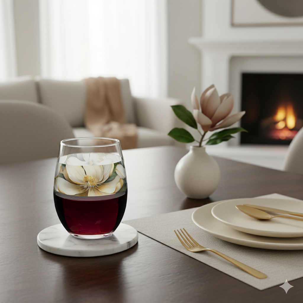 Vintage Magnolias 15 oz. Stemless Wine Glass
