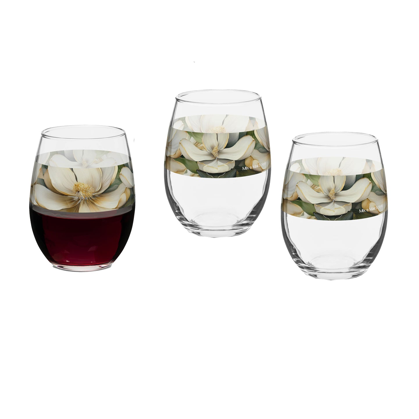 Vintage Magnolias 15 oz. Stemless Wine Glass