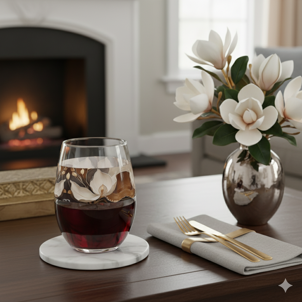 Windswept Magnolias 15 oz. Stemless Wine Glass