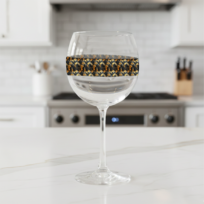 Aged Elegance balloon wine glass with a black and bronze patterned base on a kitchen counter