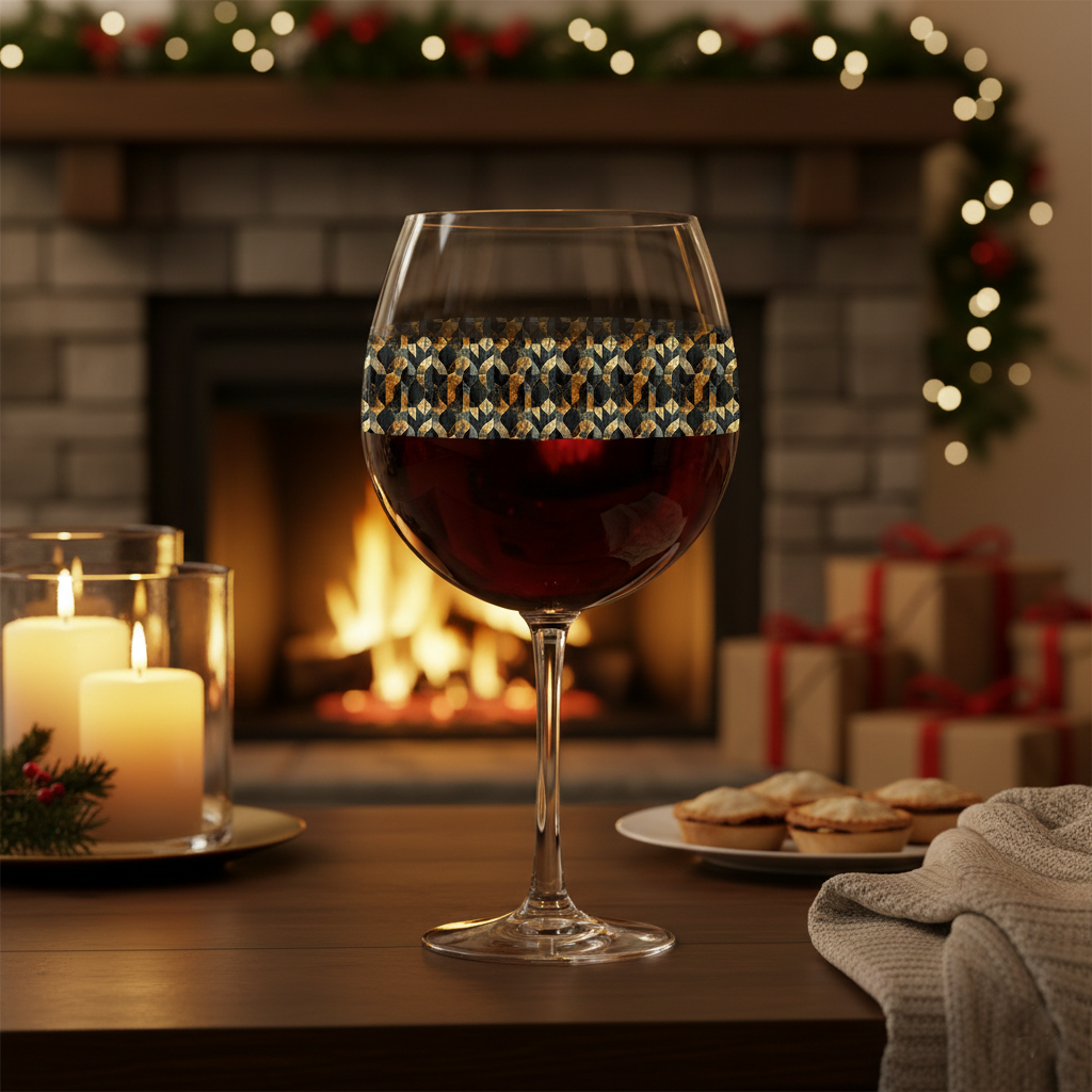 Aged Elegance balloon wine glass with a black and bronze patterned base, candles, and cookies on a table in front of a fireplace with Christmas decorations.