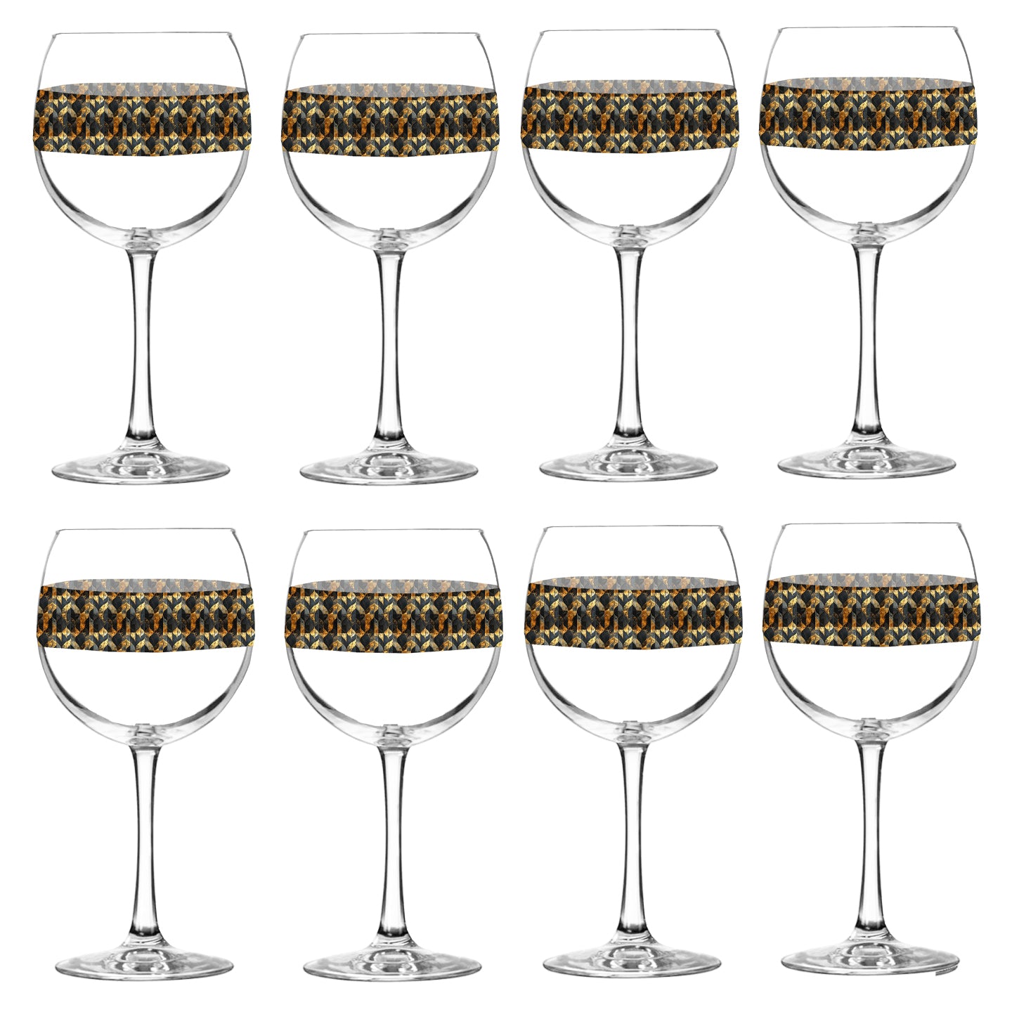 Set of eight balloon wine glasses with charcoal and bronze geometric design  on a white background