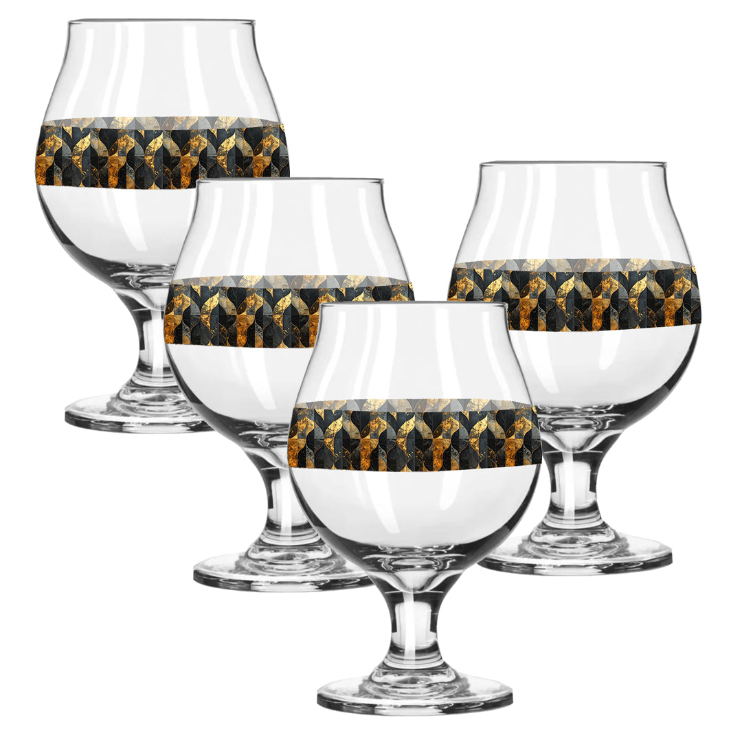 Set of four Belgian beer glasses with charcoal and bronze geometric design on a white background