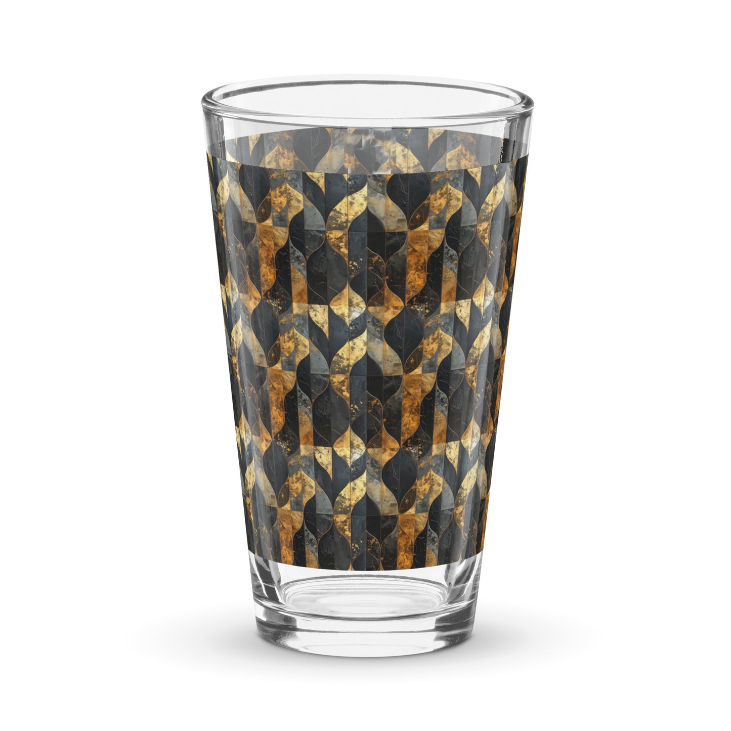 Pint beer glass with charcoal and bronze geometric design on a white background
