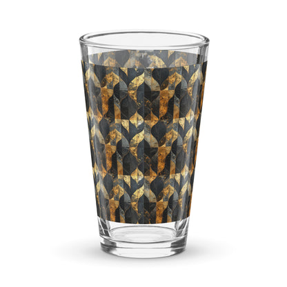 Pint beer glass with charcoal and bronze geometric design on a white background