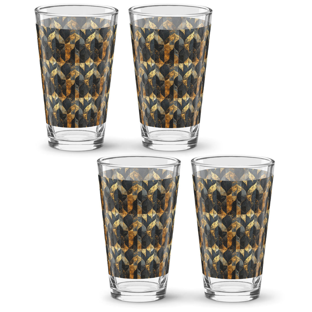 Four pint glasses with charcoal and bronze geometric design on a white background